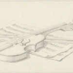 Violino con archetto appoggiato su uno spartito aperto sopra un tavolo di legno