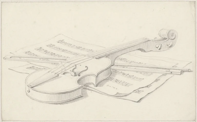 Violino con archetto appoggiato su uno spartito aperto sopra un tavolo di legno